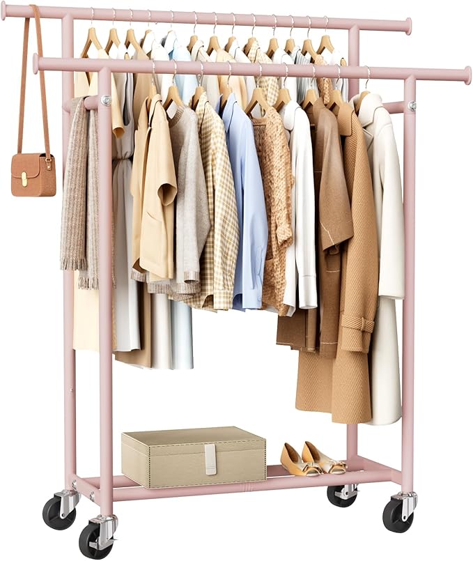 HYSEYY Clothes Rack, Double Rods Rolling Clothing Rack for Hanging Clothes, Portable Garment Rack with Wheels, Coat Rack Wardrobe Closet Load 240 LBS for Bedroom Laundry Room (Pink, L)