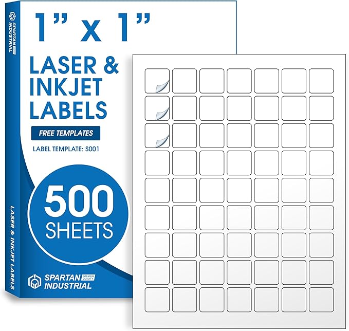 1" X 1" Matte White Printable Labels (500 Sheets, 31500 Stickers) Custom Stickers, Logo and Barcode Stickers for Laser & Inkjet Printers - Spartan Industrial Template S001