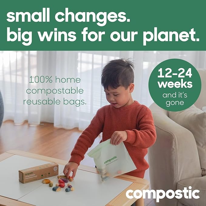 Compostic Compostable Snack Bags, Snack Size (90 + 10 Count) Everyday Essential — Resealable Zip-Seal, Plant-Based, Home Compostable, Freezer Safe, BPA-Free, Non-Toxic, GMO-Free Food Storage Bags
