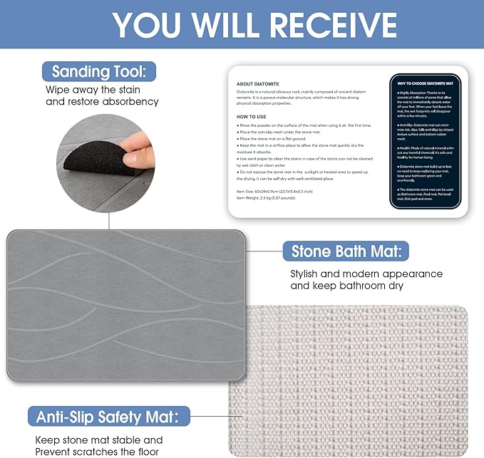 Veeloim Stone Bath Mat Diatomaceous Earth Shower Mat Non-Slip Super Absorbent Diatomite Stone Bath Mats for Bathroom Floor Quick Drying Natural Easy to Clean(23.6''×15.4" Gray)