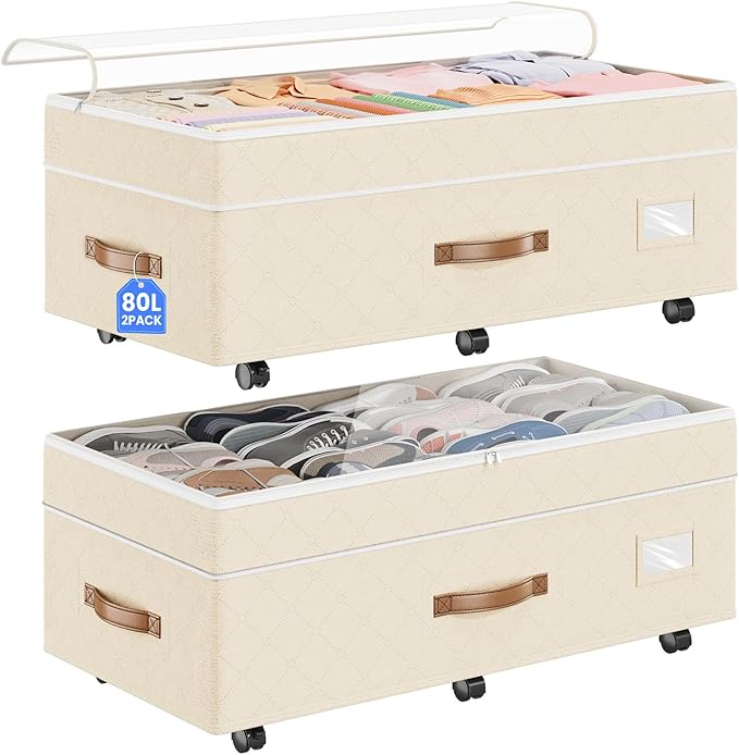 80L 2 Pack Adjustable Under Bed Storage with Wheels, Beige | Underbed containers with clear lids, rolling underbed shoe storage organizer for dorm clothes, blankets, easy to install