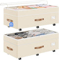 80L 2 Pack Adjustable Under Bed Storage with Wheels, Beige | Underbed containers with clear lids, rolling underbed shoe storage organizer for dorm clothes, blankets, easy to install