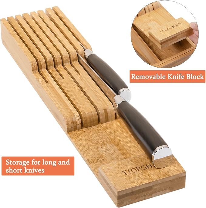 TIOPGHAD Bamboo-Silverware-Drawer-Organizer-Kitchen, Expandable Utensil Holder Cutlery Tray Flatware Organization Adjustable Wood Tableware Dividers Storage (with Removable Knife Block)(Natural)