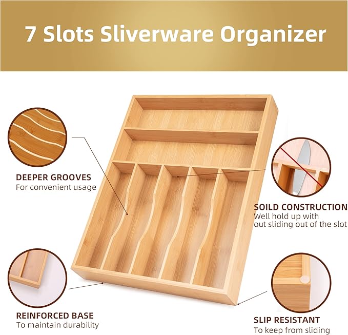 Besilord Silverware Organizer Kitchen Drawer Organizer Utensil Organizer Bamboo Silverware Holder Cutlery Organizer in Drawer Flatware Organizer Tray(7 slots, Natural