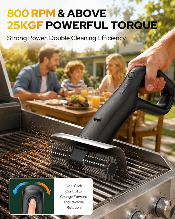 2026 Electric Grill Brush with 2 Brush Heads, 800RPM 25kgf High Torque BBQ Cleaner, 3500mAh Battery, 180 Mins Long Runtime, Extended Handle, Works as Grill Scraper for Tough Grease