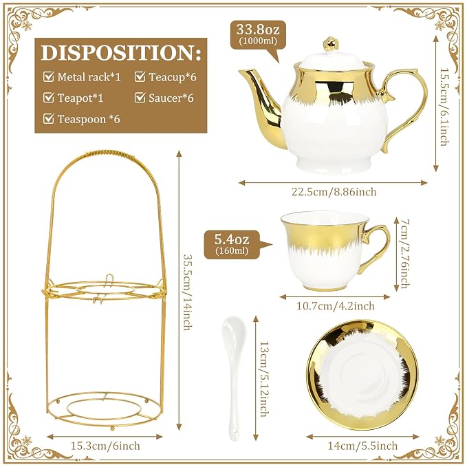 20 Pcs Porcelain Tea Set with Metal Holder and Spoon, European Ceramic Tea Set for Adults, European Flower Painting Teapot Cup Saucer Spoon Set for 6, 1000ML Gift Pack(White)
