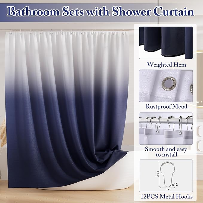 XLHOMO Bathroom Accessory Set - 24PCS Luxury Bathroom Accessories Set, Bathroom Sets with Shower Curtain and Rugs, Blue Bathroom Set with Trash Can, Toothbrush Holder & Soap Dispenser for Home Decor