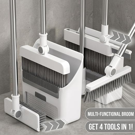 Broom and Dust Pan, Broom and Dustpan Set with Push Brooms, Self-Cleaning Comb & Space-Saving Design for Indoor Outdoor Cleaning (Grey)
