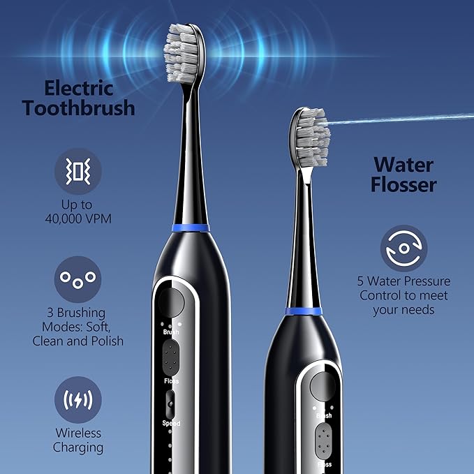Electric Toothbrush with Water Flosser Combo for Teeth Brushing & Flossing, Sonic Electric Toothbrush for Adults, Cordless Water Flosser for Home & Travel, Portable Travel Case Included