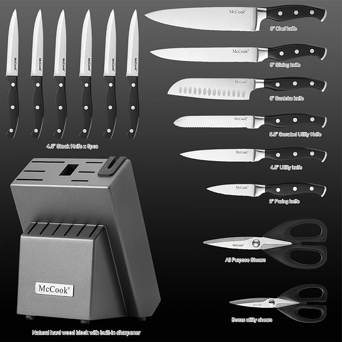 McCook® Knife Sets,German Stainless Steel Kitchen Knife Block Set with Built-in Sharpener | German Forged Stainless Steel,15 PC,Non-Stick&Anti-Rust,Triple Rivet,Ergonomic Handle,Full Tang,Gift Box
