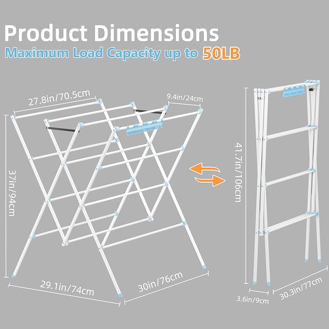 HOMIDEC Drying Rack Clothing,Large 12 Drying Poles with Sock Clips Clothes Drying Rack,Foldable Portable Laundry Drying Rack for Air Drying Clothing,Towels,Delicate Eac,Indoor Outdoor Use.White&Blue