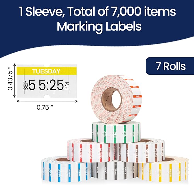 Perco 1 Line Day of The Week Labels - 7,000 Blank Dating Labels for Perco Lite, X, Plus and Pro 1 Line Date Guns - 7 Rolls (Full Week), 1 Sleeve - Made in USA