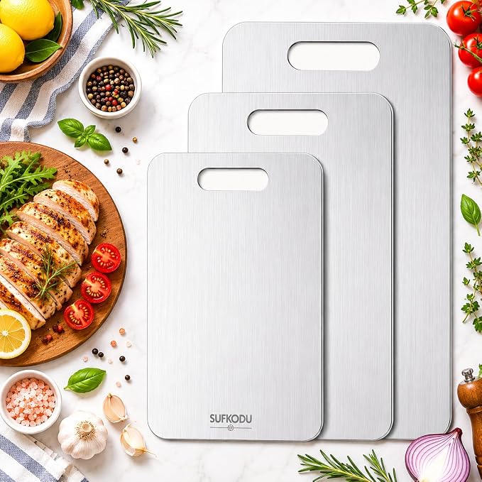 Titanium Cutting Board Set of 3, Titanium Cutting Boards for Kitchen, 100% Double-Sided Titanium Cutting Boards, Separate Raw and Cooked Food Areas, Non-Toxic, Dishwasher Safe (S+ M + L)