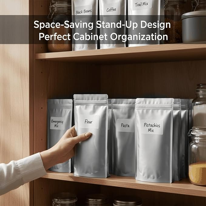 200 Pcs 1 Quart Mylar Bags for Food Storage, 10 Mil Thick 7x10 Inch Stand-Up Zipper Pouches, Airtight Resealable & Heat Sealable for Dehydrated, Freeze Dried, Grains, Long Term Storage