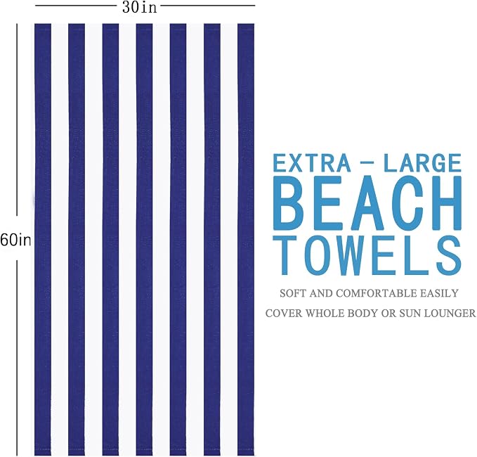 4 Packs Extra Large Bath Towels Striped Beach Towel Set Bathroom Sheets Bulk Oversized XL Big Fluffy Absorbent Microfiber Soft Blanket Turkish Hotel Shower Pool Hot Tub Toallas Baño Grandes Blue Navy