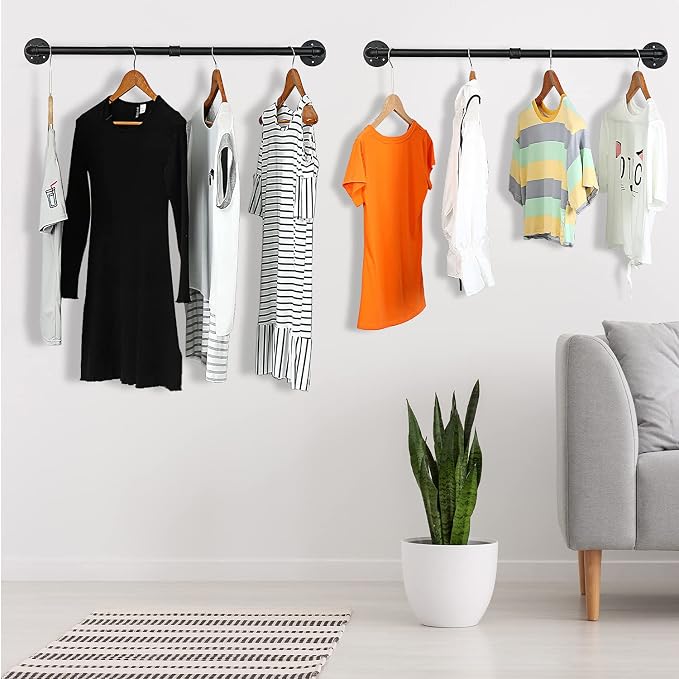 Oroonoko 2PCS 36inch Industrial Pipe Clothes Rack Wall Mount For Hanging Rod Bar for Laundry Room Plant Hanger Indoor Up to Max Load 132lbs Black (36 inch(2 Packs))