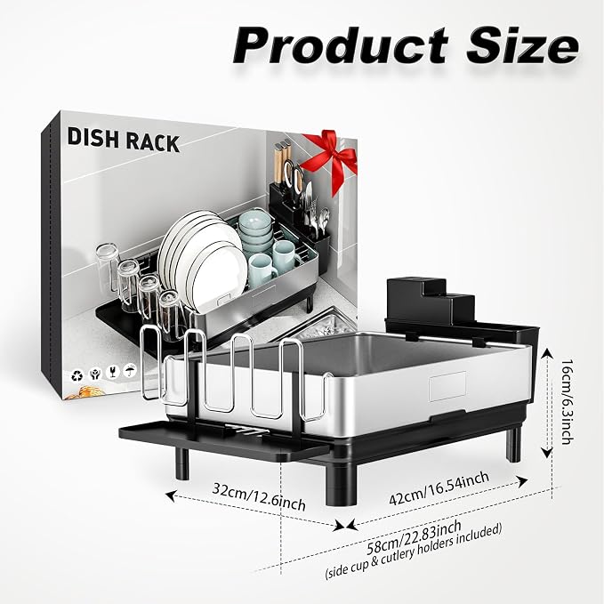 Dish Drying Rack, 304 Stainless Steel Dish Racks for Kitchen Counter | Dish Drainers with Automatic Drainage, Utensil Holder & Cups Holder, Space Saving Kitchen Organizer, Black