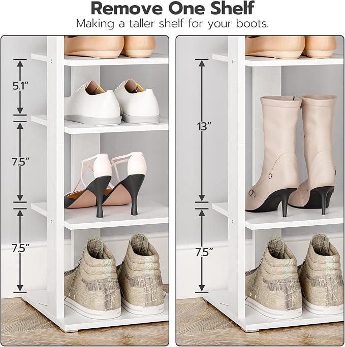 HOOBRO 8 Tiers Vertical Shoe Rack, Wooden Shoe Storage Organizer with Hooks, Narrow Shoe Tower for 8 Pairs, Space Saving, for Entryway, Living Room, Bedroom, White WT07XJ01G1
