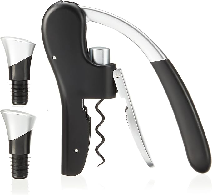 True Lever Corkscrew Manual Stoppers Top-Notch Cork Bottle Opener with Ergonomic Handle and Wine Preserver, Set of 3, Black