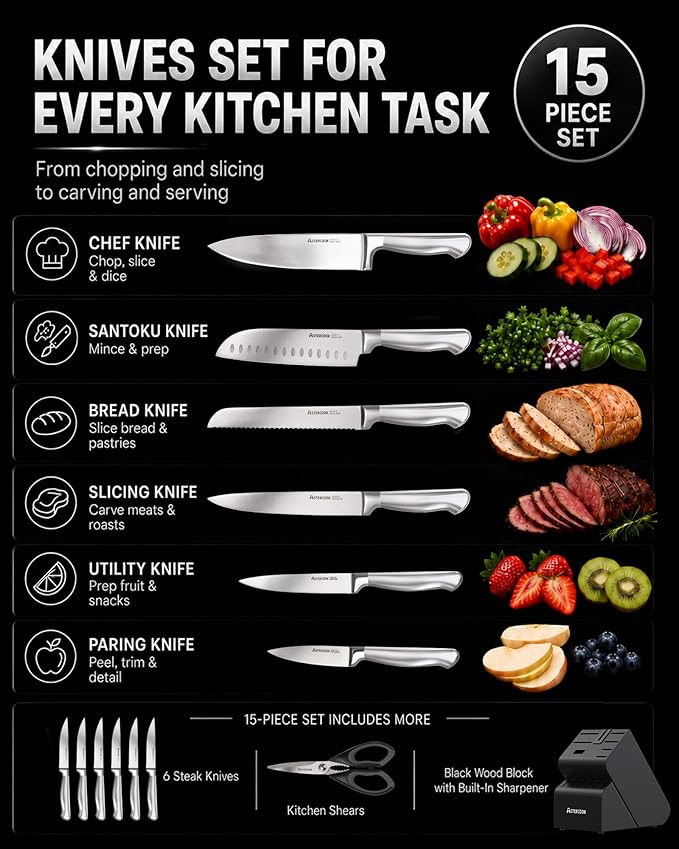 Astercook Knife Set, 15 Piece German Steel Kitchen Knife Set with Built-in Sharpener, One-Piece Knife Block Set Rust-Resistant Dishwasher Safe Block Knives Set for Cooking & Gift (Midnight Black) | Wooden Block with Built-in Sharpener, One-Piece Design...