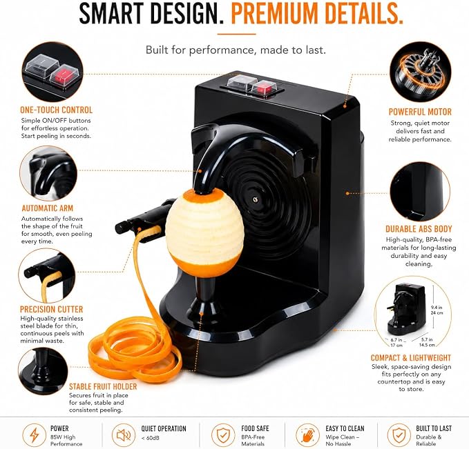 Electric Orange Peeler Automatic Fruit and Vegetable Peeler Machine, Peels Apples, Potatoes, Citrus, Stainless Steel Blade, Compact White (Black)