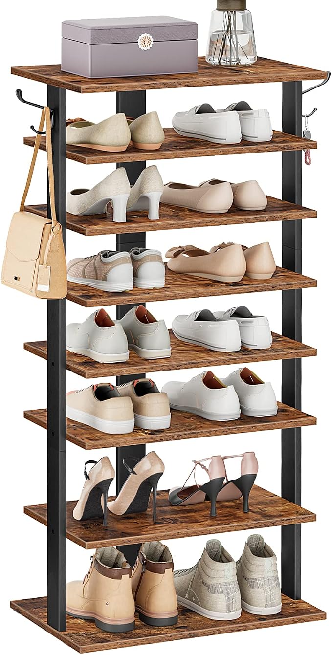 HOOBRO 8 Tiers Vertical Shoe Rack, Wooden Shoe Storage Organizer with Hooks, Narrow Shoe Tower for 16 Pairs, Space Saving, for Entryway, Living Room, Bedroom, Rustic Brown BF750XJ01
