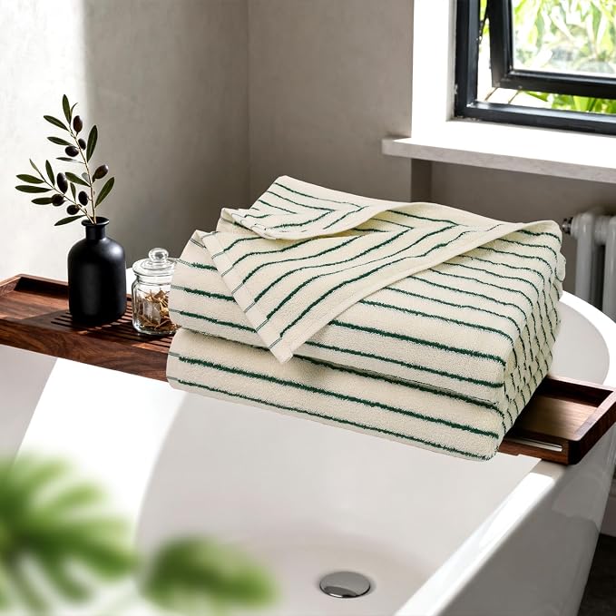 Jacquotha Green Striped Bath Towels Set of 2 | Lighter & Quick Dry Towels Large 27.5 x 55 inches, Farmhouse for Bathroom Decor, Shower, Pool Days