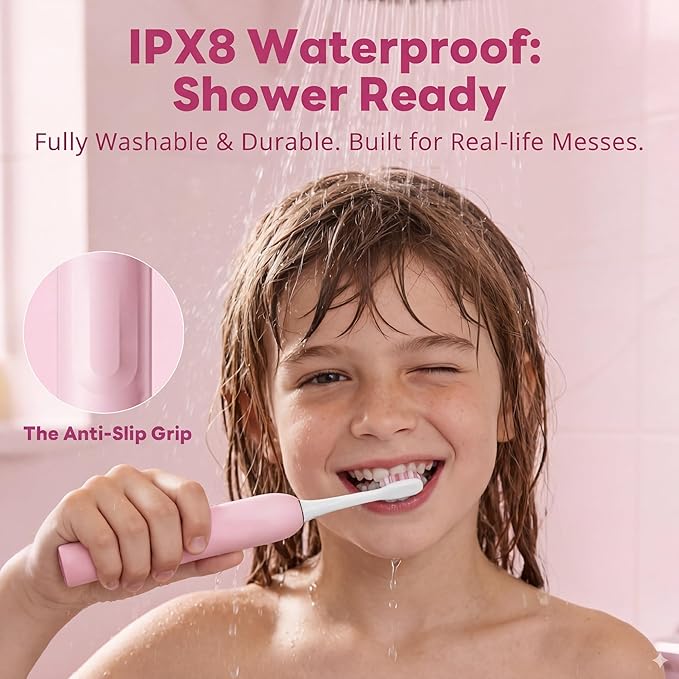 SAKYPRORAL Kids Electric Toothbrush for Girls Teens Tween (6-15Y), Smart Screen with Brushing Score, Soft Bristles, Visual Timer for Braces, 150 Days Battery with Travel Case (Pink)