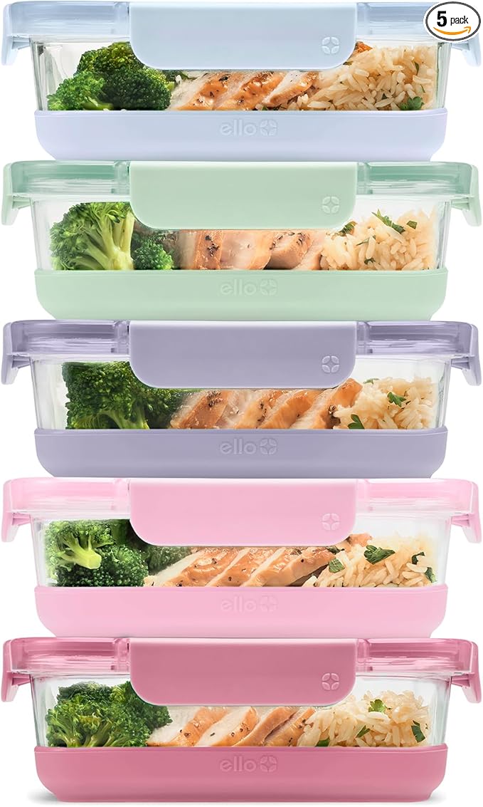 Ello Duraglass Refresh 3.4 Cup Meal Prep Containers, 10 Pc, Dusk Delight | Glass meal prep container set with silicone boots, airtight leakproof BPA-free lids, microwave, freezer & dishwasher safe