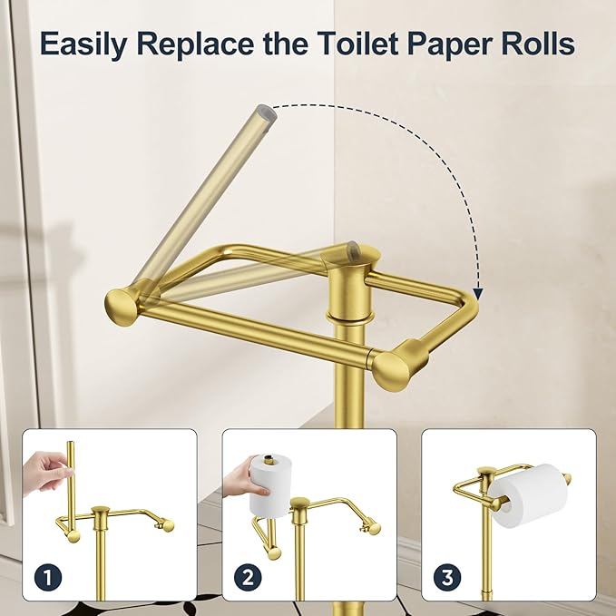 Bathroom Toilet Paper Holder Stand, Brushed Gold Toilet Paper Holder Free Standing, Stainless Steel Pivoting Toilet Tissue Roll Holder，Adjustable Height (14.76'' to 23.36'') Paper Holder