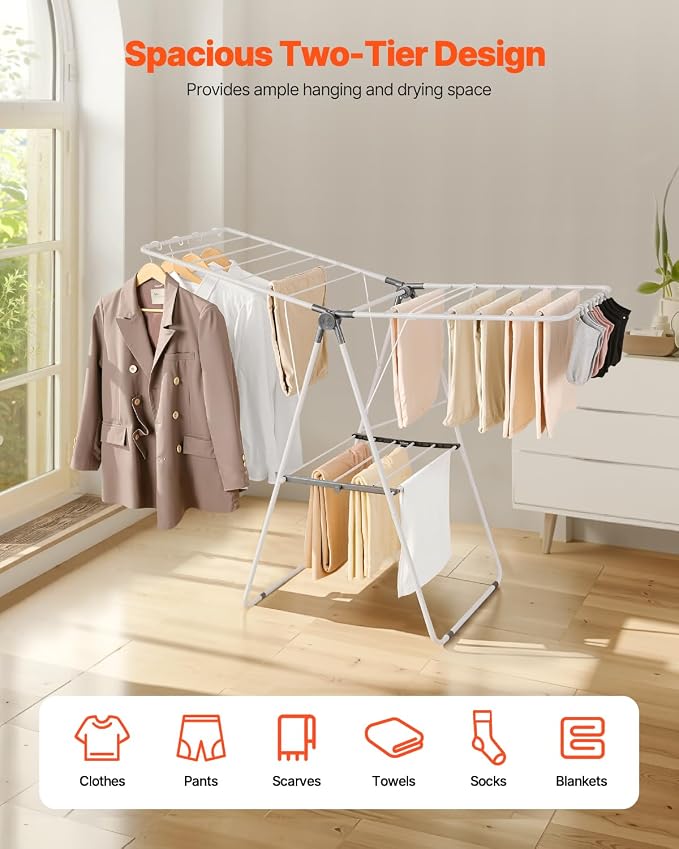 VEVOR Clothes Drying Rack, 2-Tier Foldable Laundry Dryer Rack with Sock Clips & 21 Drying Rods, Metal Height Adjustable Drying Racks for Outdoor & Indoor, Free-Standing & Space-Saving Hanger, White