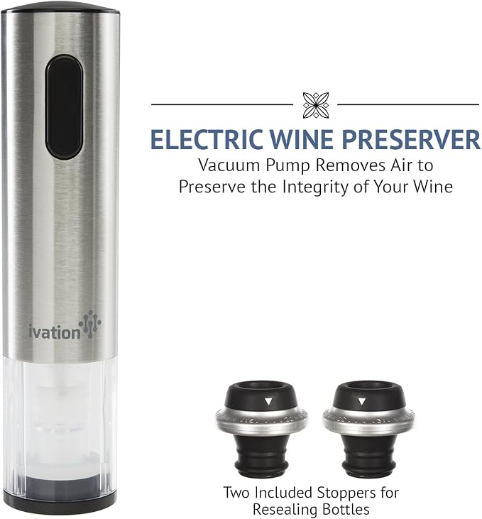 Ivation Electric Wine Gift Set – Includes Bottle Opener, Aerator, Vacuum Preserver, Stoppers, Foil Cutter & Charging Base