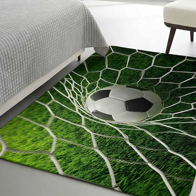 Soccer Washable Area Rugs for Living Room Bedroom, Large Non Slip Indoor Floor Carpet Absorbent Low Pile Goal Net Competitive Green Grass Athletic Door Mat Rugs for Bathroom Entryway 63"x90.6"