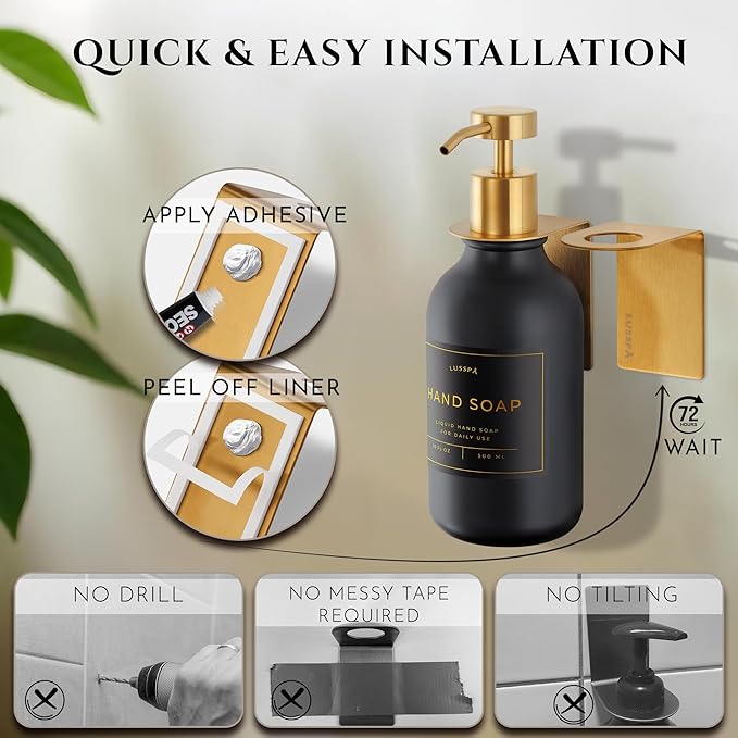 Shower Shampoo Dispenser Wall Mounted – Refillable 16.9 oz Black Bottle with Stainless Steel Pump & No-Drill Adhesive Holder – Soap Dispenser for Bathroom (1 X Black/Gold)
