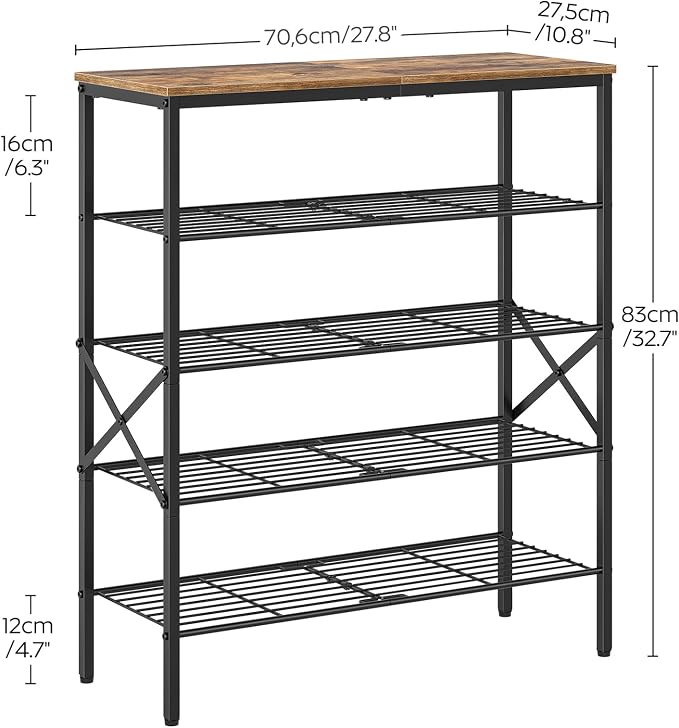 YATINEY 5-Tier Shoe Rack, Shoe Storage for Entryway and Closet, Free Standing Shoe Organizer with Metal Mesh Shelves, 16-20 Pairs of Shoes, Rustic Brown and Black SS05BR