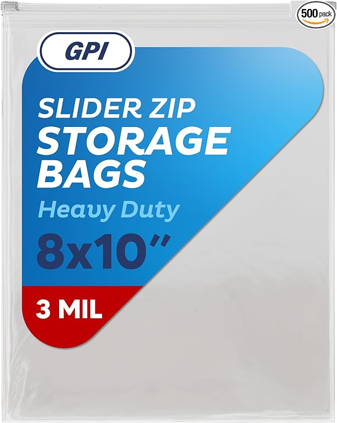 500 Count - Slider Zip Food Storage Bags, 8" x 10" 3 Mil Heavy Duty, Strong & Durable For Freezer Storage. GPI