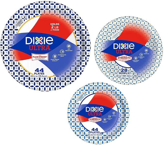 Dixie Ultra Heavy Duty Paper Plate & Bowl Bundle - Large Plates (44), Small Plates (44), Bowls (28)