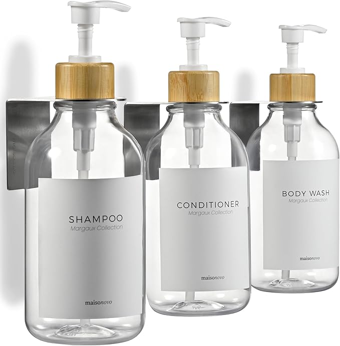 Shampoo and Conditioner Dispenser Wall Mounted Set of 3 Clear Bamboo - No Drill Shower Soap Dispenser for Bathroom Refillable - Spa Hotel Style Accessories by MaisoNovo | 500 ml Shower Gel Dispenser Set of 3. Refillable Shampoo and Conditioner Bottles....