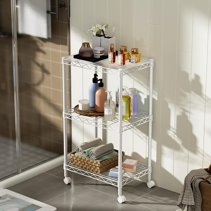 Golpart Small 3 Tier Shelves Storage Wire Shelving Unit Metal Shelf Adjustable Organizers Storage Shelving with Wheels for Bathroom Laundry Room Kitchen Pantry11.7”D x 17.7”W x 30.7”H White