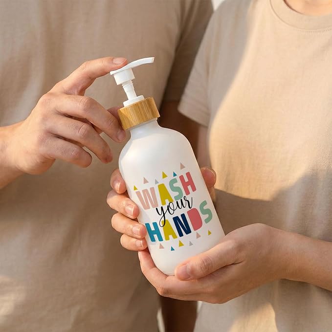 Kids Bathroom Decor Soap Dispenser, Wash Your Hands Glass Soap Dispenser, Colorful Boho Refillable Handsoap Pump Bottle for Bathroom Washroom Countertop