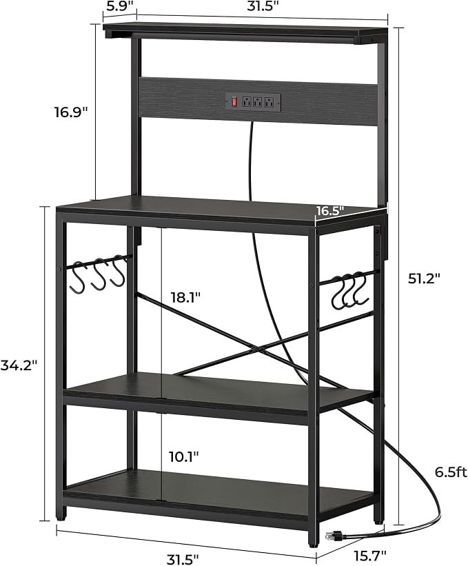 SUPERJARE Bakers Rack with Power Outlets, Microwave Stand, 31.5 X 16.5 Inch Larger Desktop, Kitchen Storage Rack with Adjustable Middle Shelf, 6 S-Shaped Hooks, Coffee Bar Stand, Black