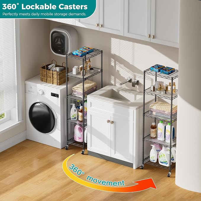 SINGAYE 5 Shelves Storage Shelf Wire Shelving Unit Metal Adjustable Wheels | Small Shelf Storage with Wheels Organizers Closet Unit for Bathroom Laundry Room Kitchen Pantry11.5D x 17.5W x 57H Black