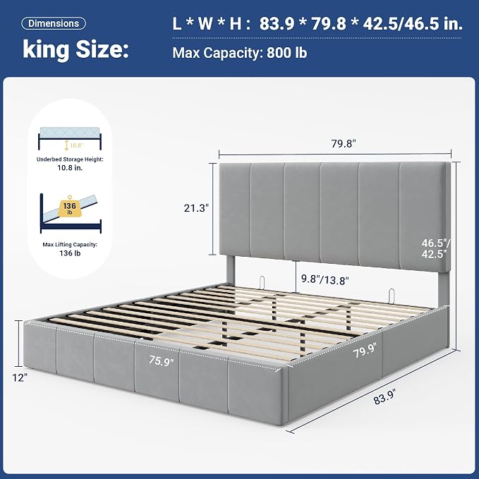 Allewie King Size Velvet Lift Up Hydrualic Storage Bed Frame, Grey | Vertical Channel Tufted Headboard, Hydrualic Underneath Storage, Upholstered Platform Bed, No Box Spring Needed