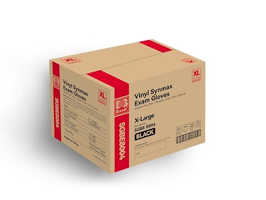 Basic Vinyl Exam Gloves, 4 mil Safty Glove Latex-Free & Powder-Free, SGBE 8004 Synmax Disposable Medical Glove X-Large, Black (Pack of 10,1000 units)
