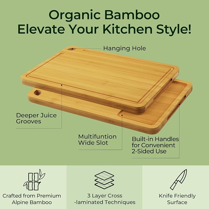 Keechee Bamboo Cutting Board, Cutting Board for Kitchen with Handles | Deep juice grooves, built-in handles, versatile 3 piece set for everyday cooking and chopping