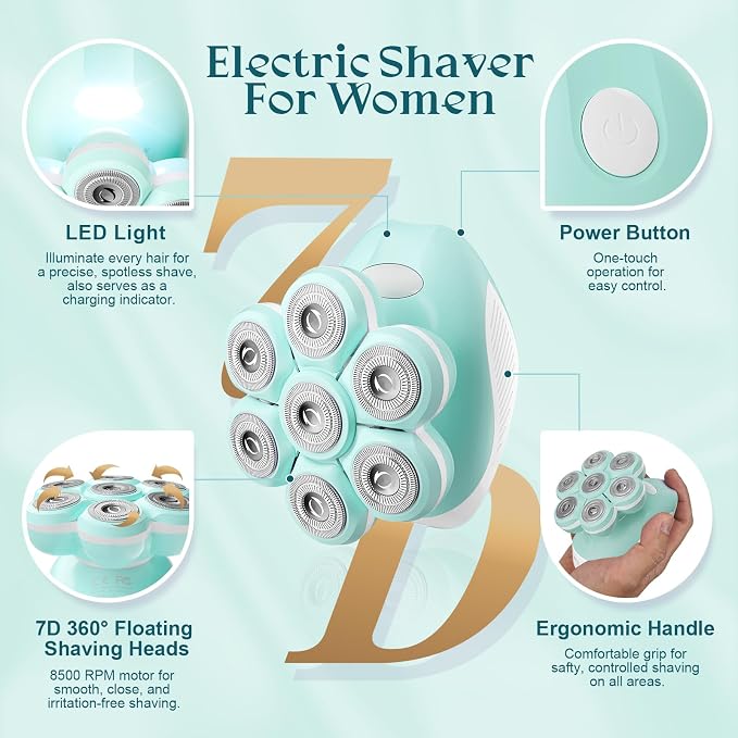 Electric Shaver for Women Legs, Full-Body Grooming Razor, Green | 7D 360° Painless & Smooth Leg Shaver Heads, 5 Min Wide-Area Fast Body Grooming, Waterproof Wet & Dry Use, Light & Travel Cap