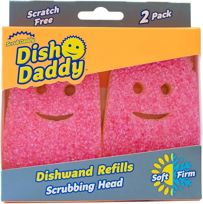 Scrub Daddy Scrub Mommy Dish Wand, Refill Heads, Sponge & Connector Head, Soap Dispensing Dish Brush, Texture Changing Washing Up Sponge, Dual Sided Non Scratch Scourers with Liquid Handle - Pink