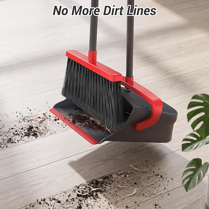 Broom with Dustpan Combo Set, Long Handle Upright Standing Self-Cleaning Broom and Dustpan Set for Pet Hair & Dust Cleanup, Indoor Outdoor Use for Home, Kitchen, Office, Red & Gray