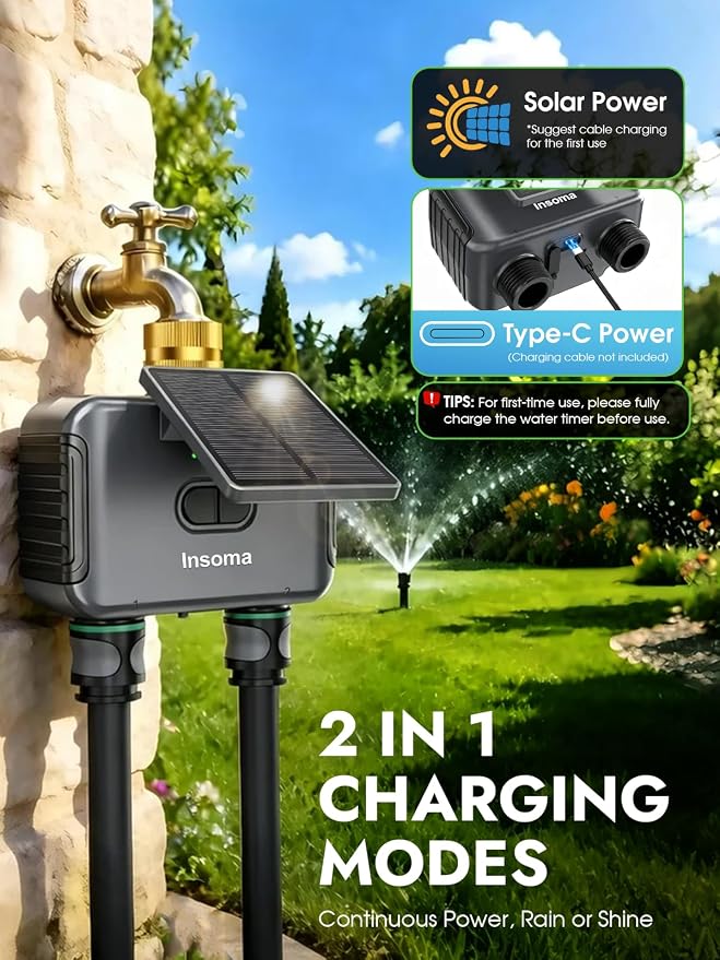 Insoma Solar WiFi Water Timer w/Adjustable 120° Solar Panel, 2-Zone Smart Sprinkler Timer Solar&Type-C Powered, APP&Voice Control Auto Irrigation for Lawn Garden, No Need Hub, Work with Alexa&Google