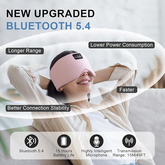 LC-dolida Bluetooth 5.4 Sleep Mask, Ice Silk Sleep Headphones for Side Sleepers, Adjustable Blackout Eye Mask with Bluetooth Headphones, Ultra-Soft Sleeping Mask for Women & Travel (Pink)